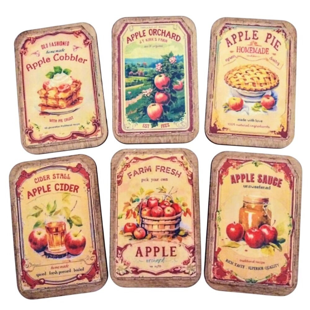 NEW!! Set Of 6! Autumn Apple Harvest Miniature Fall Vintage Look Wood Signs